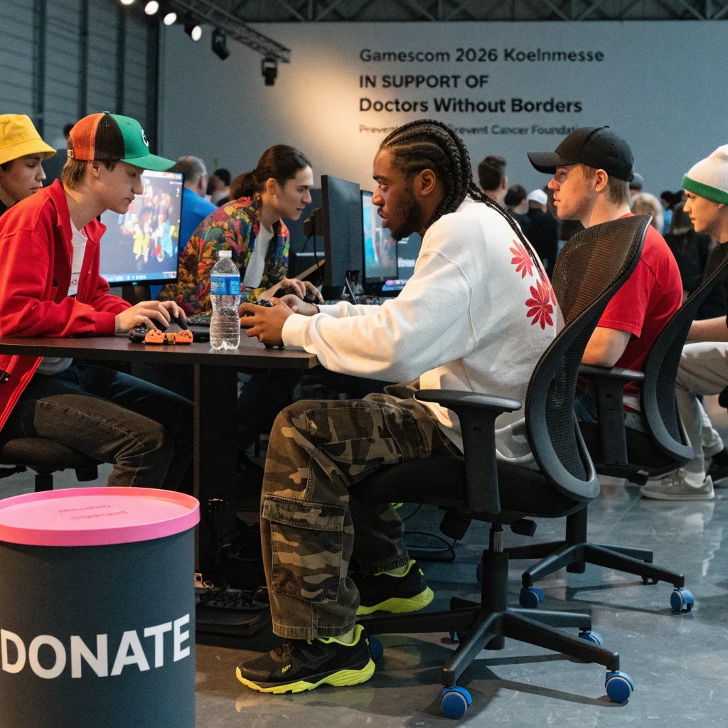 A diverse group of gamers at Gamescom 2026 Koelnmesse charity speedrunning event supporting Doctors Without Borders and Prevent Cancer Foundation.