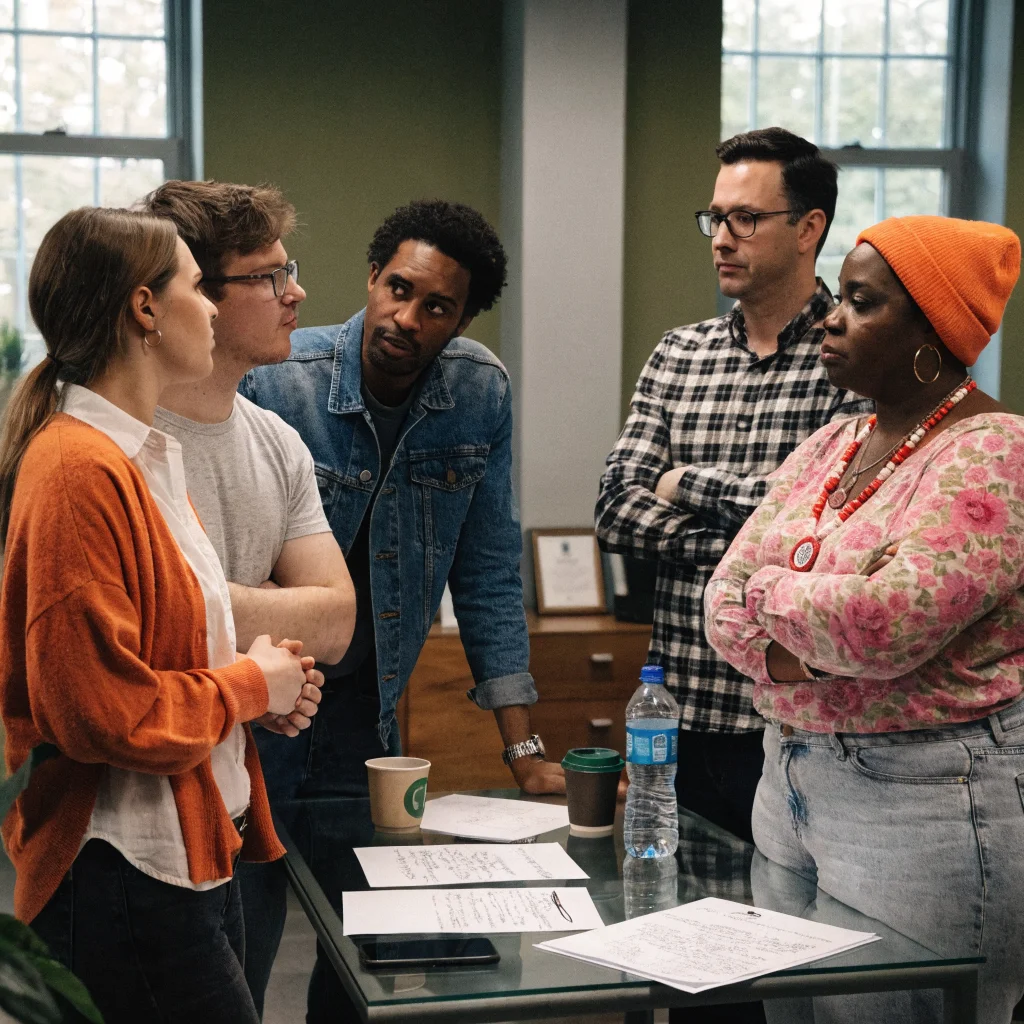 A concerned group of Bethesda employees gather in an office discussing the impact of recent layoffs on AAA game development and Microsoft cost-cutting.