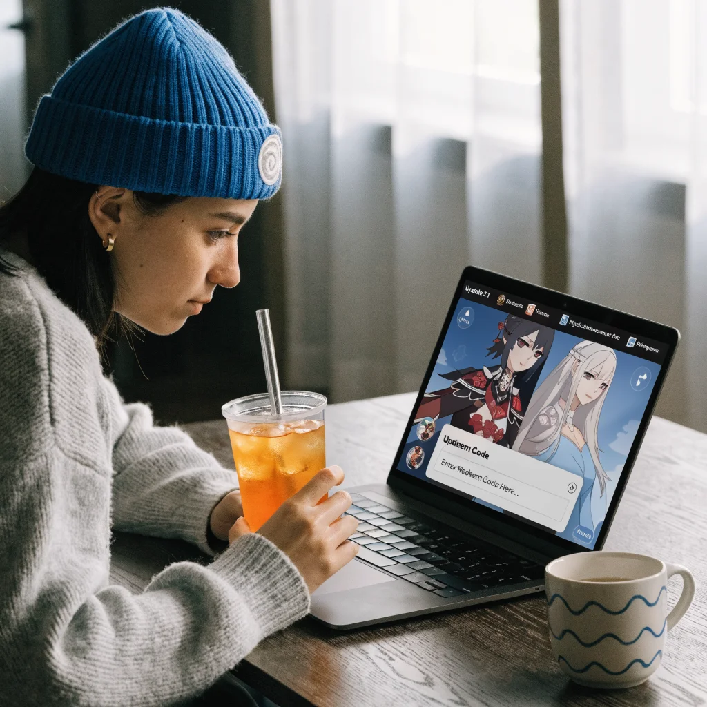 A fan playing Genshin Impact update 7.1 on a laptop, redeeming in-game codes for Primogems and Mystic Enhancement Ore while viewing new Snezhnaya characters Vesna and Vodyanitsa.