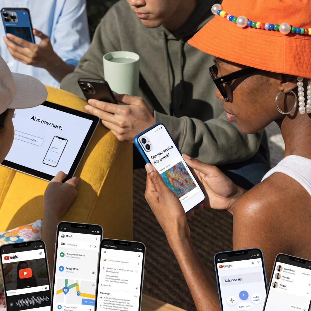 A realistic photo showing diverse Google AI products including Gemini chatbot, Bard AI, Android features, and AI integrations in YouTube, Maps, and Workspace on multiple devices.
