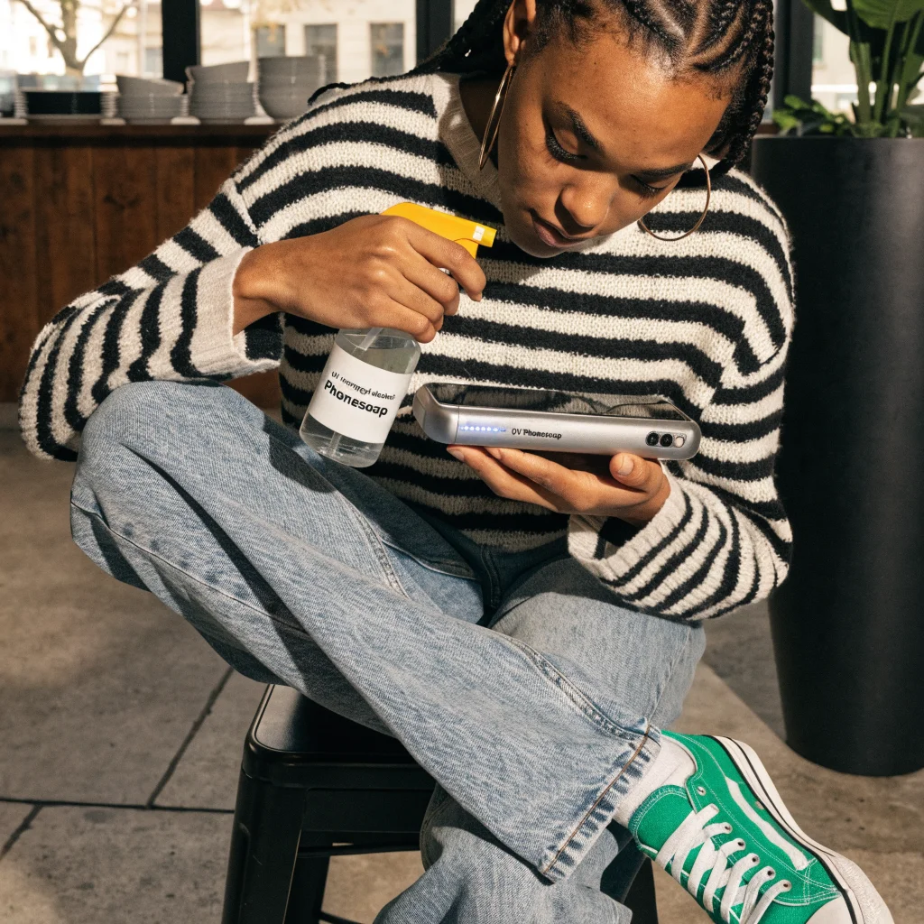 A person disinfecting a used smartphone with a UV Phonesoap device and isopropyl alcohol, highlighting safe cleaning and hygiene of mobile technology.