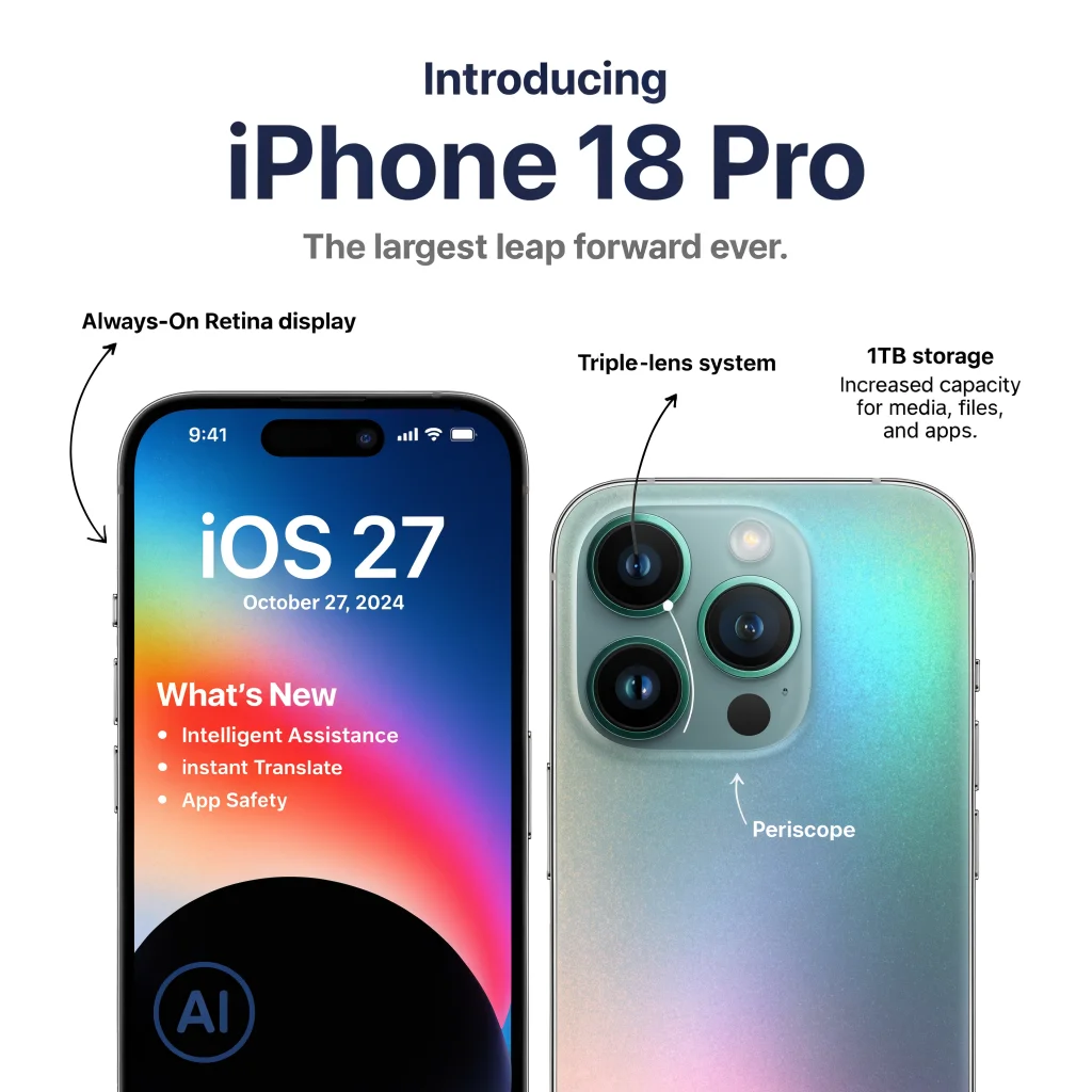 A sleek iPhone 18 Pro displayed on a clean white surface with a promotional screen showing iOS 27 features and release date details.