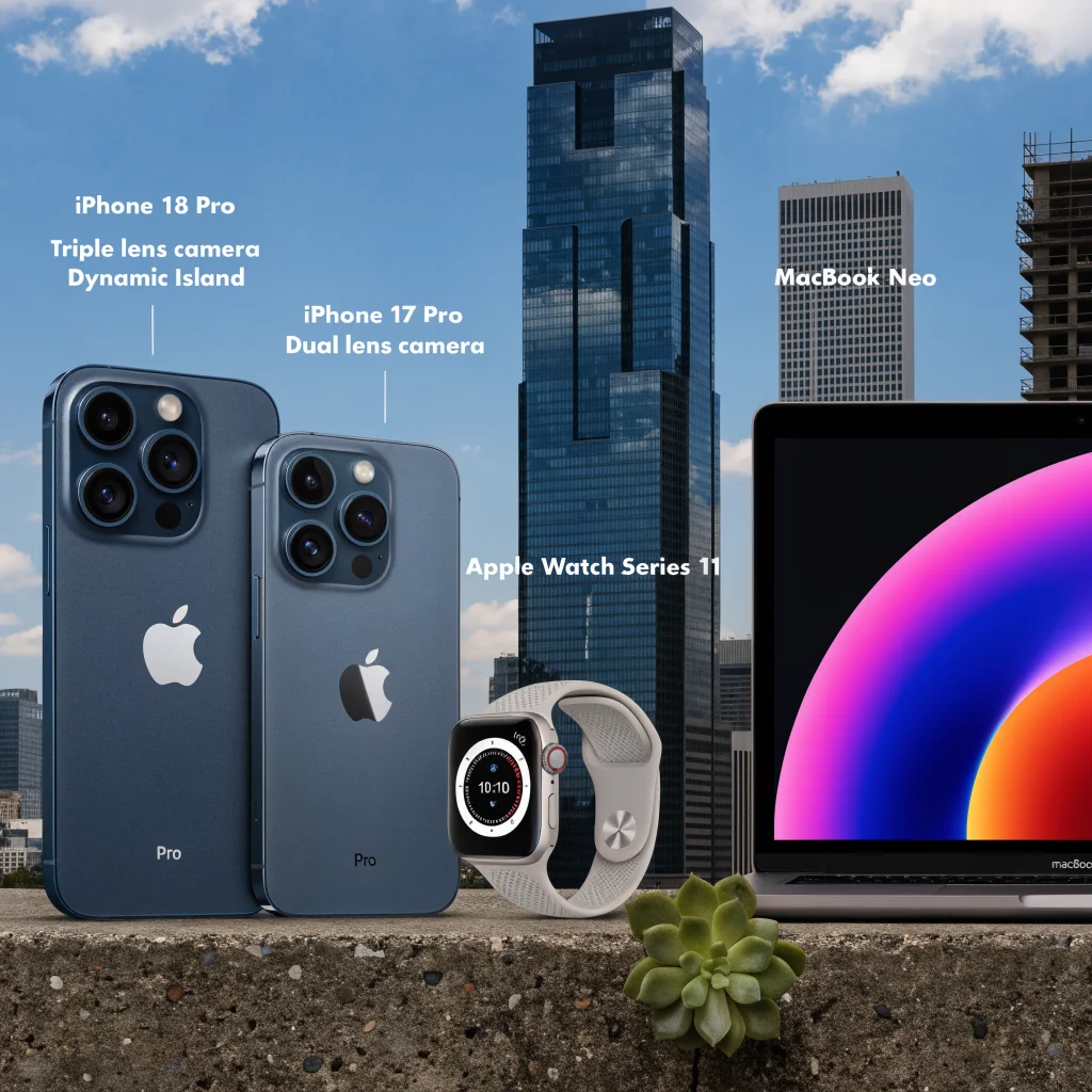 A realistic photo showing the iPhone 18 Pro and iPhone 17 Pro side by side, highlighting their cameras and performance features alongside the Apple Watch Series 11 and MacBook Neo with macOS.