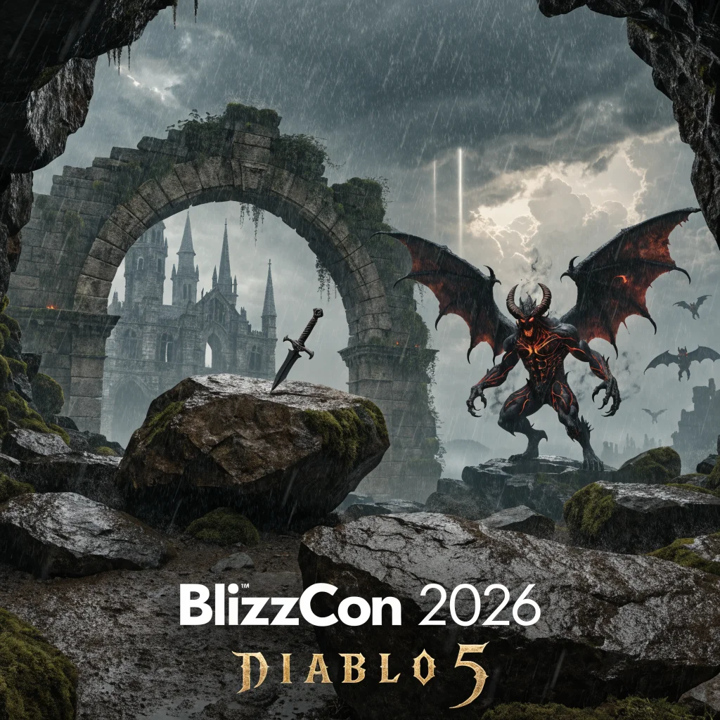 A realistic photo of the new Diablo 5 trailer reveal at BlizzCon 2026, showcasing action-packed scenes set in Sanctuary from the upcoming Blizzard game.