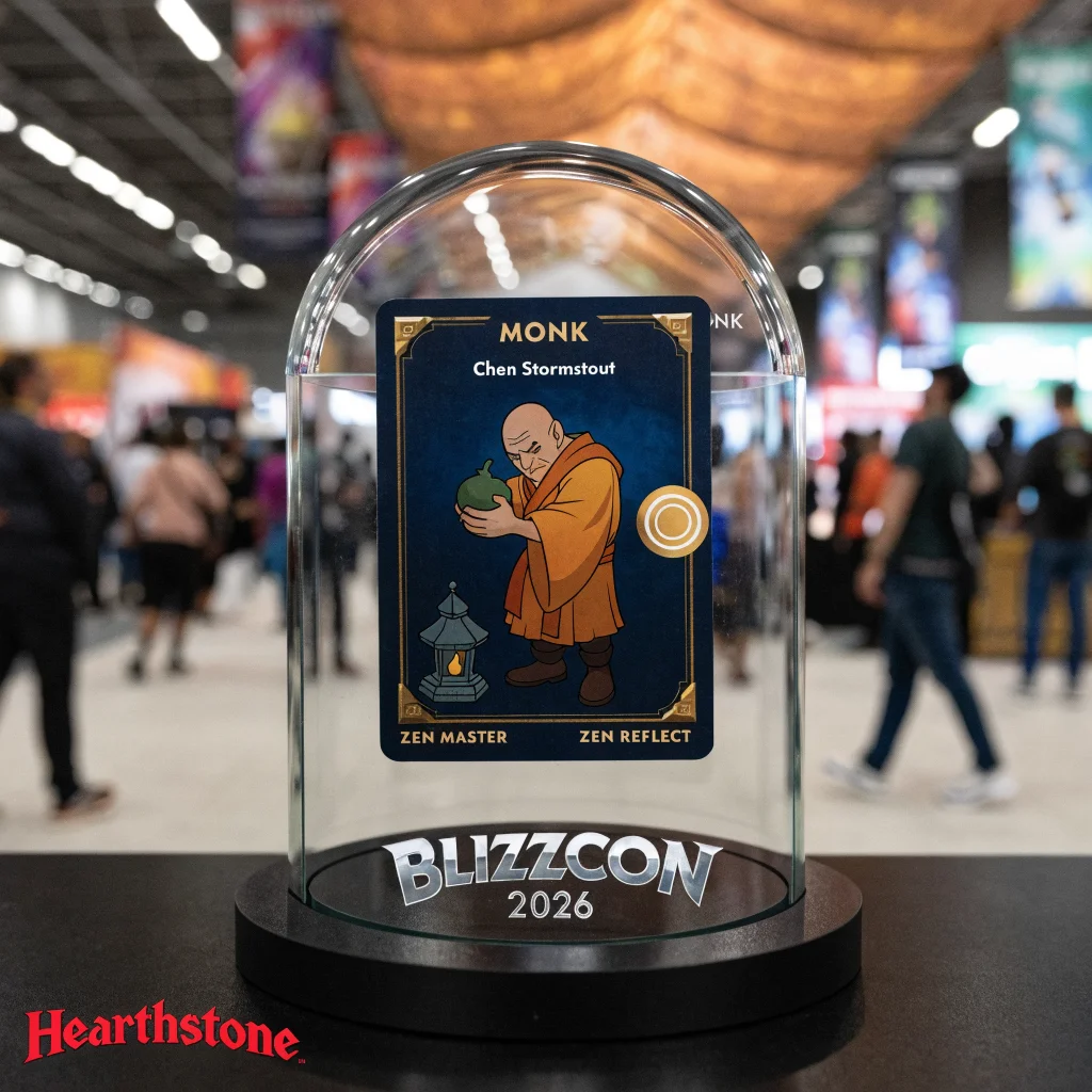 A detailed photo of a Hearthstone game card featuring the new Monk class inspired by Chen Stormstout from Warcraft, showcased at Blizzard Blizzcon 2026.