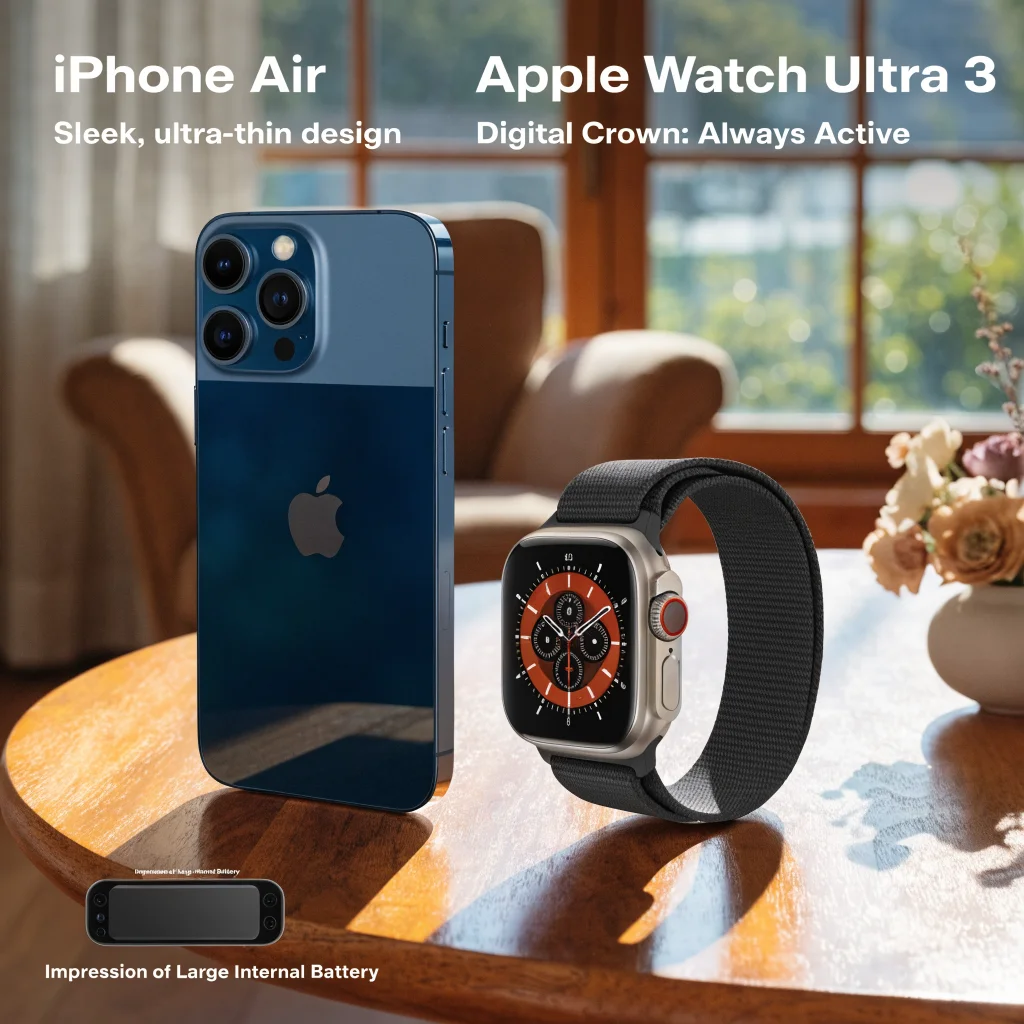 A sleek iPhone Air showcasing its thin design and impressive battery alongside the latest Apple Watch Ultra 3 on a modern wooden table.