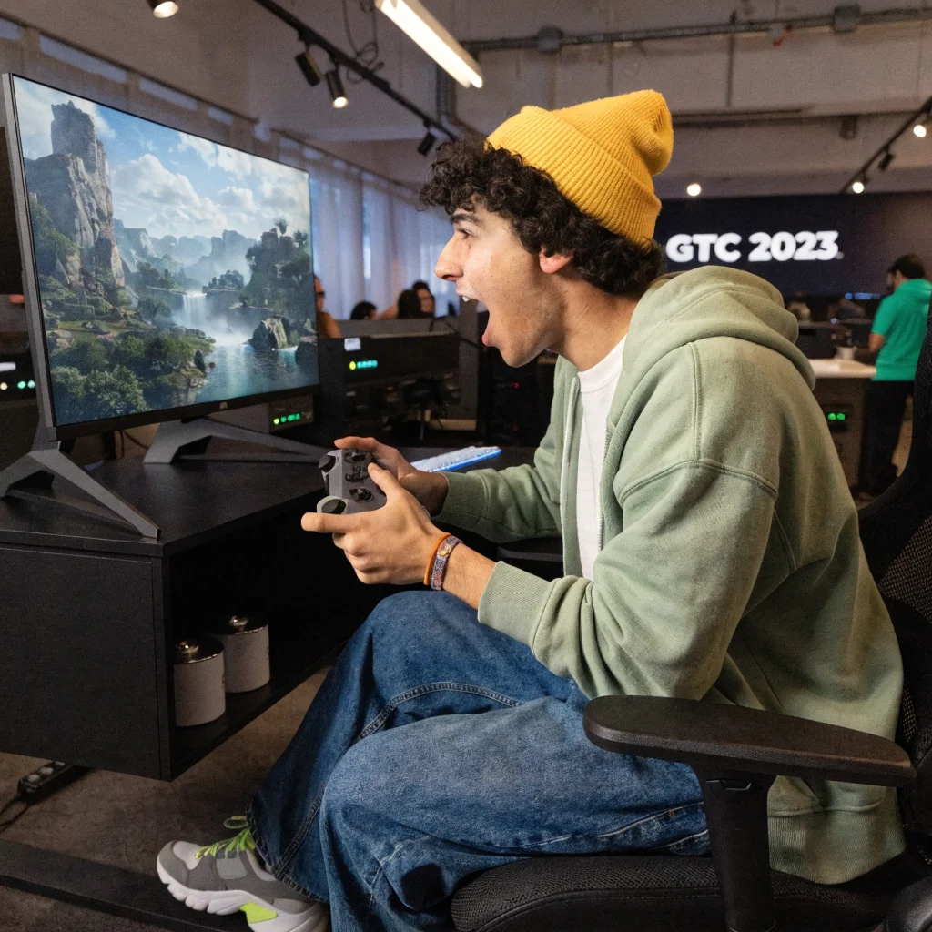 A realistic photo of a gamer enthusiastically playing a 4K Bethesda or Ubisoft game featuring NVIDIA DLSS 5 graphics at the GTC 2023 conference.