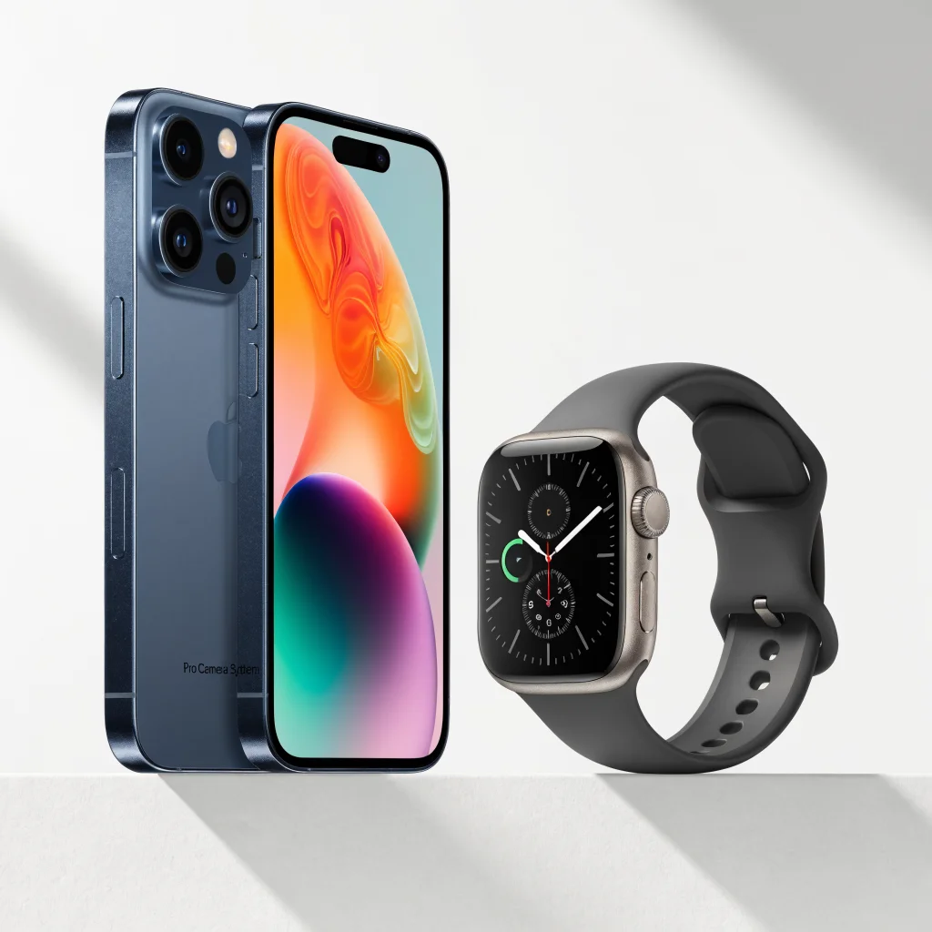 A sleek iPhone 18 Pro and Apple Watch Series 12 displayed side by side on a minimalist white surface with soft natural lighting.