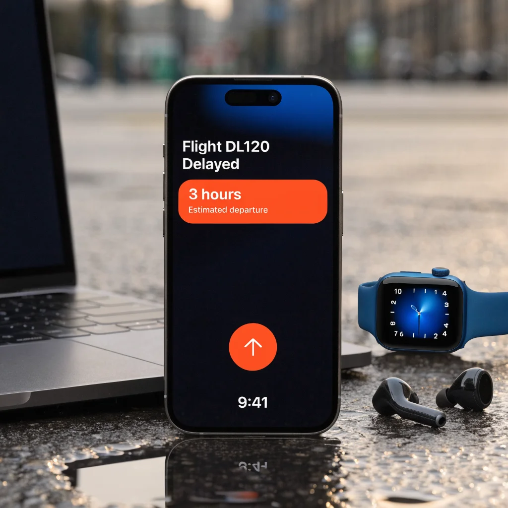A close-up photo of an iPhone 18 Pro with a delay notification on the screen, surrounded by Apple products like MacBook Pro, Apple Watch Series 11, and AirPods Pro.