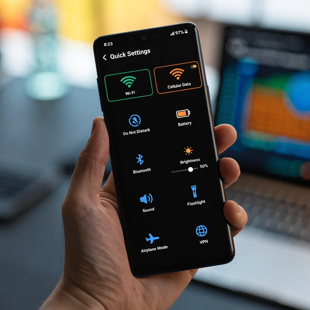 A close-up photo of a smartphone screen displaying customized Android Quick Settings tiles including Wi-Fi and mobile data controls on a Samsung Galaxy device.