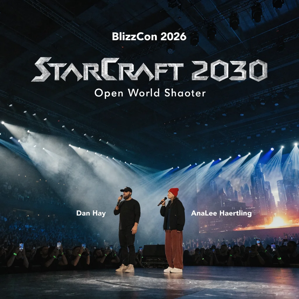A realistic photo of game developers Dan Hay and AnaLee Haertling presenting the new open-world shooter StarCraft 2030 at BlizzCon 2026.