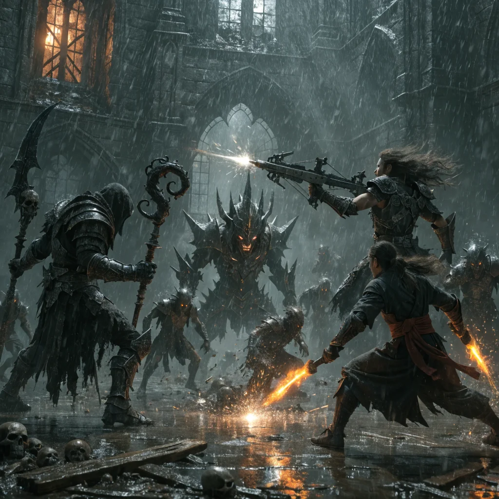 A realistic photo of Diablo 5 gameplay showcasing Sanctuary and Westmarch locations with the plague knight, demon hunter, and monk classes fighting in procedurally-generated dungeons.