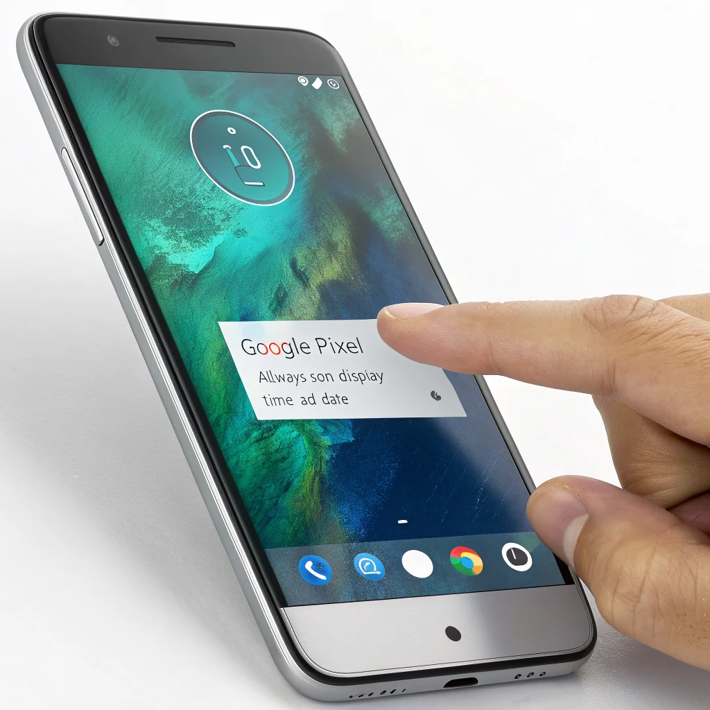 A Google Pixel smartphone showcasing the Always-On Display and under-display fingerprint sensor feature with a user unlocking the device, highlighting battery life improvements.