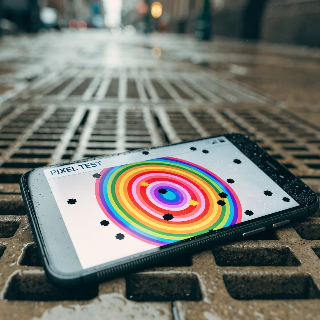 A close-up photo of a smartphone screen showing both dead and stuck pixels with a pixel test app interface on the display.