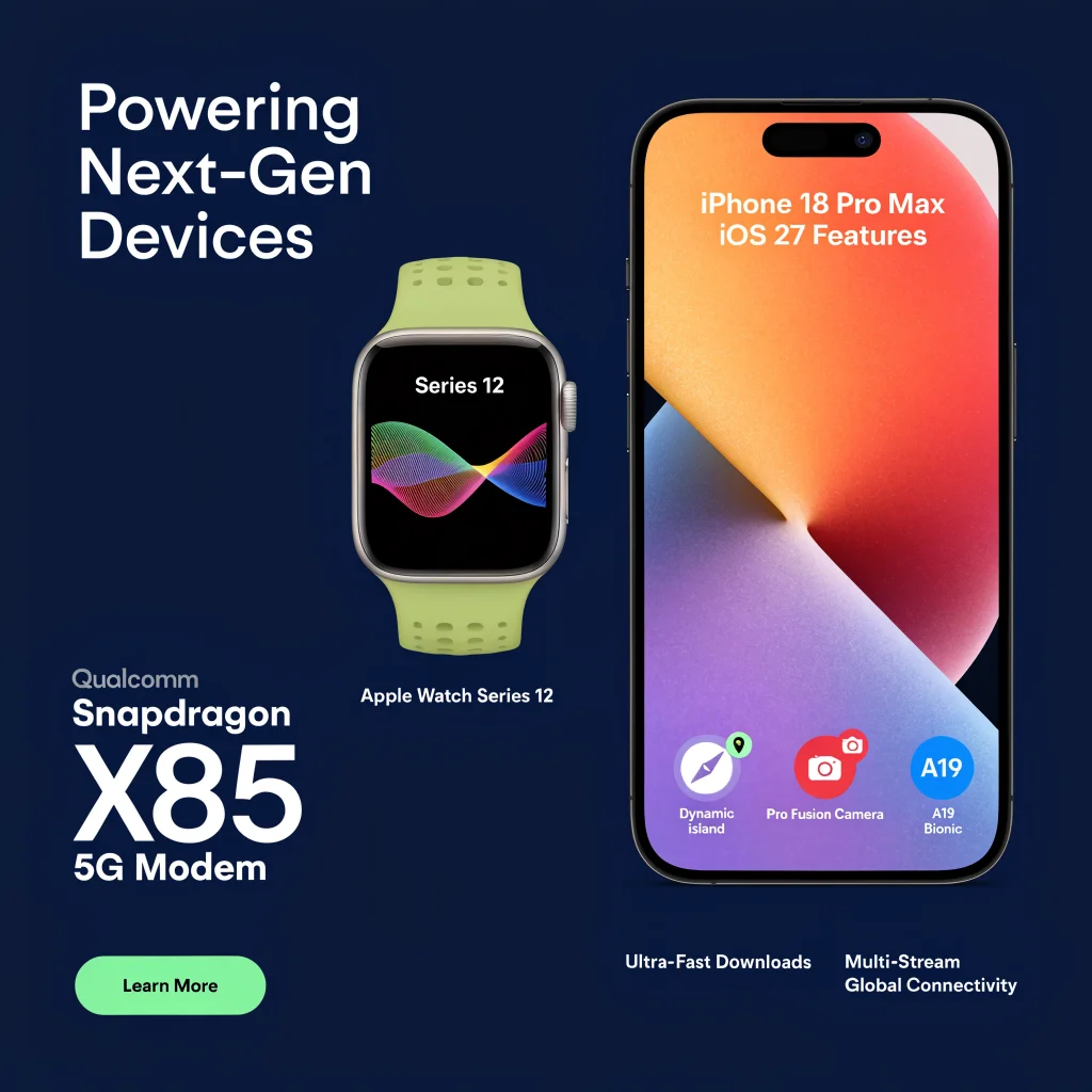 A sleek iPhone 18 Pro Max displaying iOS 27 features, next to an Apple Watch Series 12, highlighting Qualcomm Snapdragon X85 5G modem technology.