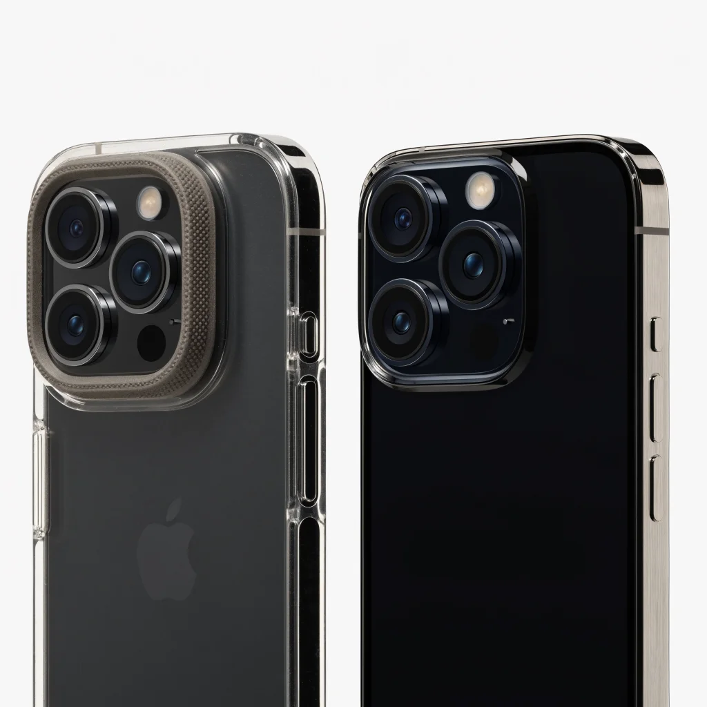 A close-up photo of an Apple iPhone 17 Pro case next to an iPhone 18 Pro, showcasing compatibility and size comparison on a clean white background.