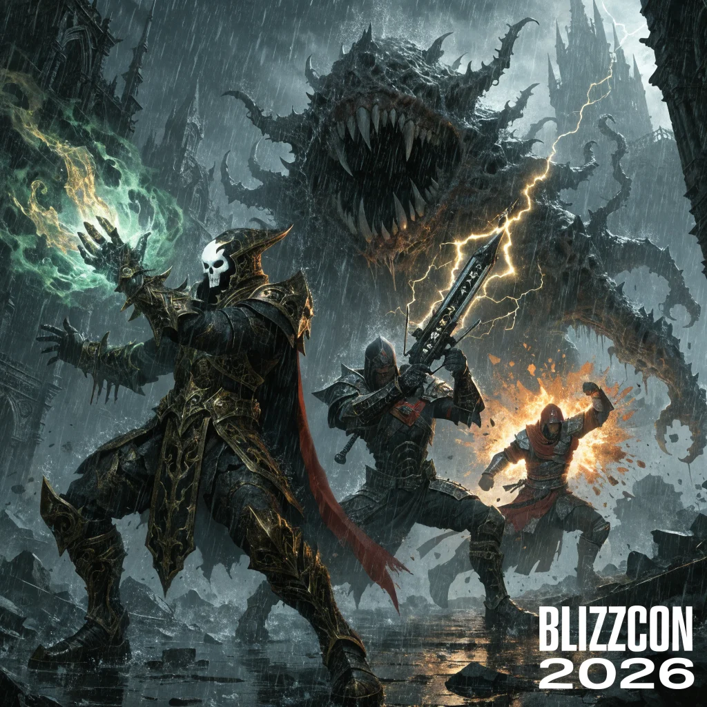A dynamic action RPG scene from Diablo 5 at BlizzCon 2026, featuring Plague Knight, Demon Hunter, and Monk battling in the dark, fallen Sanctuary.