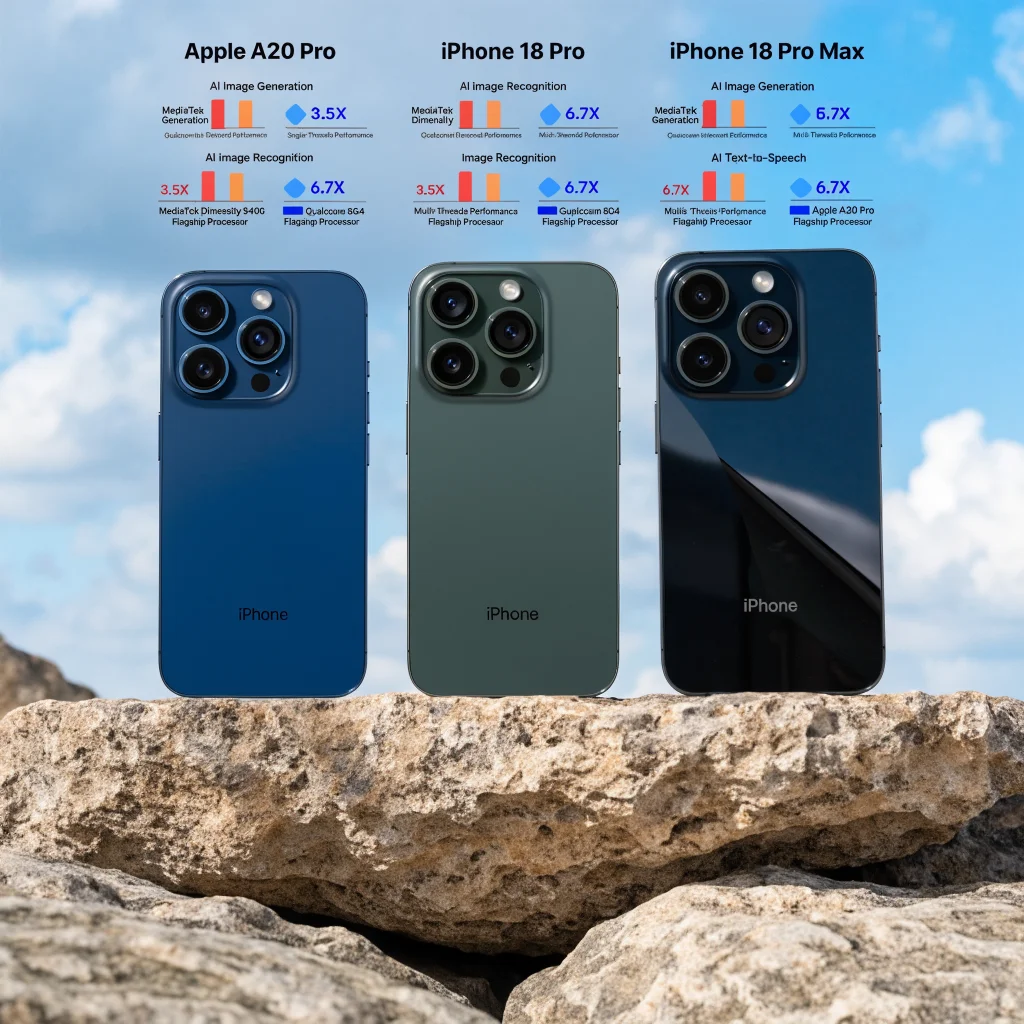 A realistic photo of the Apple A20 Pro, iPhone 18 Pro, and iPhone 18 Pro Max smartphones displayed side by side with AI performance comparison charts against MediaTek and Qualcomm flagship processors.