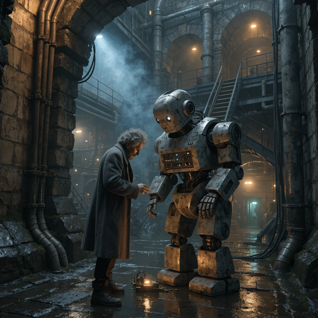 A realistic photo of a dystopian underground city featuring robot Joey and Robert Foster solving puzzles in a sci-fi setting inspired by Philip K. Dick and William Gibson.