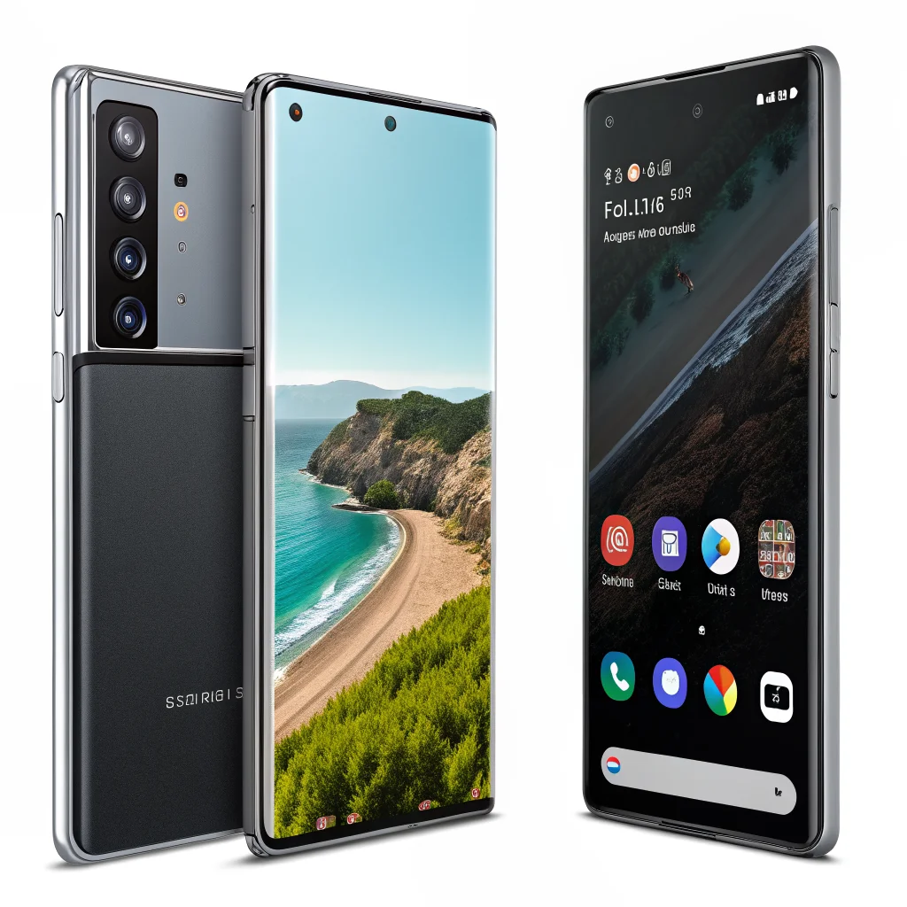 A realistic photo showing side-by-side comparison of Google Pixel 9 Pro and Samsung Galaxy Z Fold 8 cameras with Android Material You UI visible on both screens.