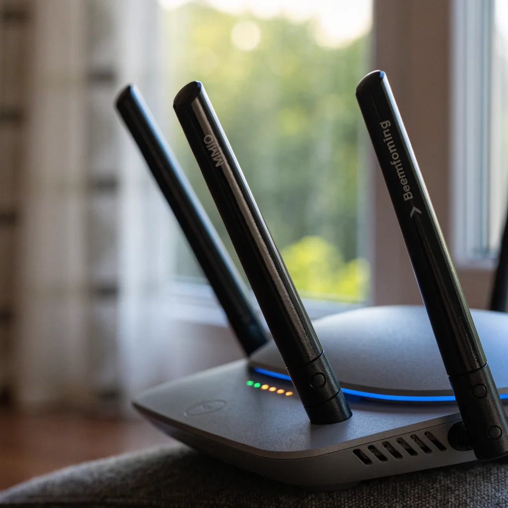 A close-up of a modern home Wi-Fi router with multiple antennas highlighting MIMO and beamforming technology for enhanced wireless internet speed and coverage.