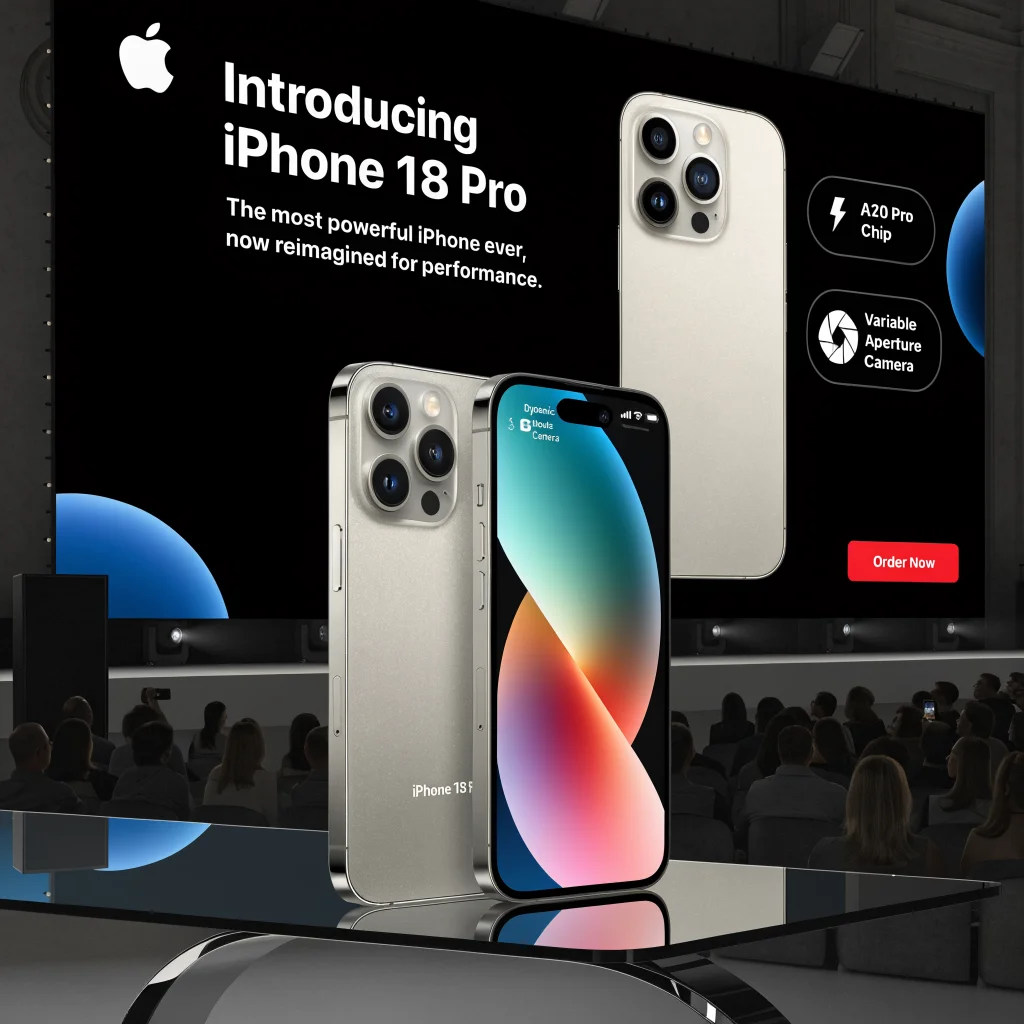 A sleek iPhone 18 Pro with A20 Pro chip and variable aperture camera displayed on a modern table during Apple's 2026 launch event.