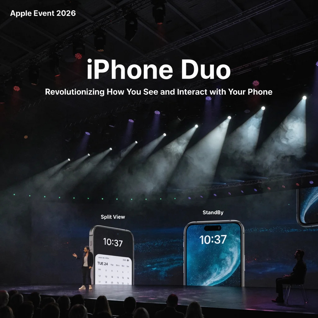A realistic photo of a foldable iPhone Duo displaying Split View calendar and StandBy mode during an Apple Event 2026 presentation.
