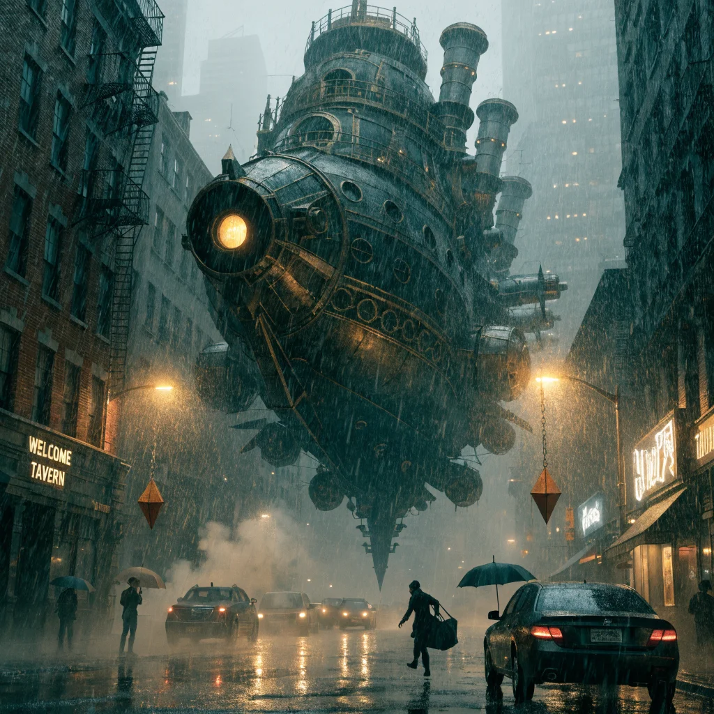 A realistic photo of a detailed Highwind airship landing scene inspired by Final Fantasy 7 Revelation and Cloud Strife, blending Fortnite crossover elements.
