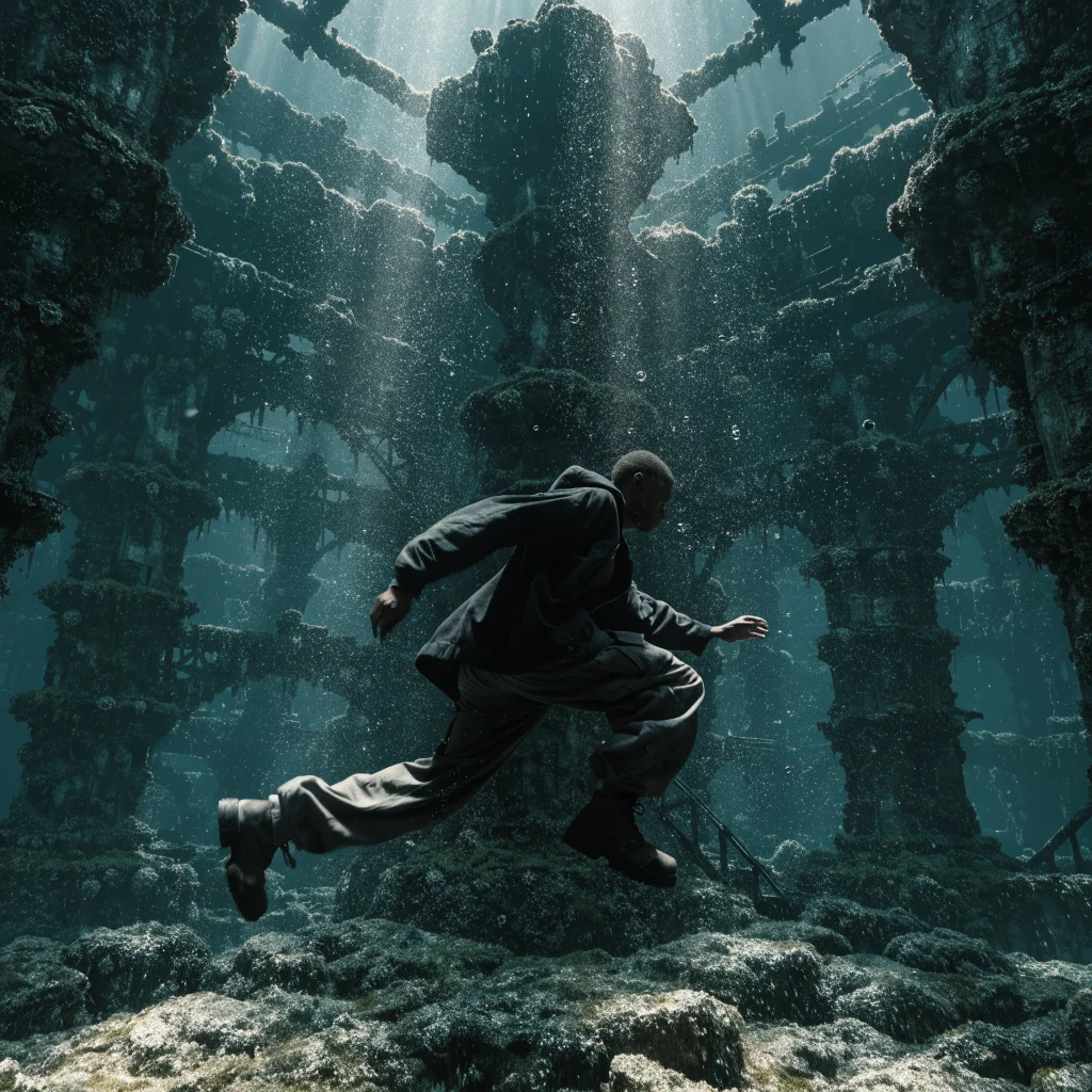 A realistic photo of a dark underwater horror scene featuring Henri performing parkour moves inspired by Amnesia The Bunker and Mirror's Edge in the HPL engine.