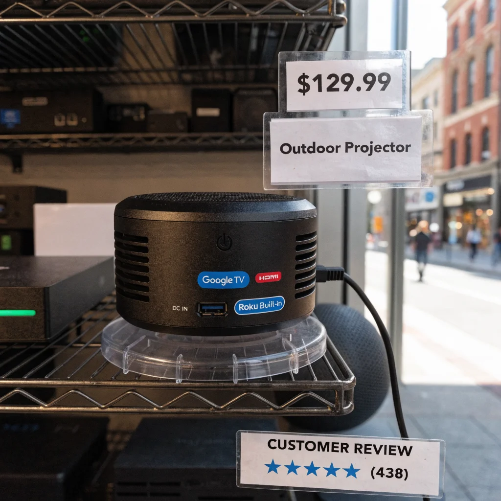 A budget-friendly outdoor projector with Google TV, HDMI support, and built-in Roku displayed on a store shelf alongside price tags and customer reviews.