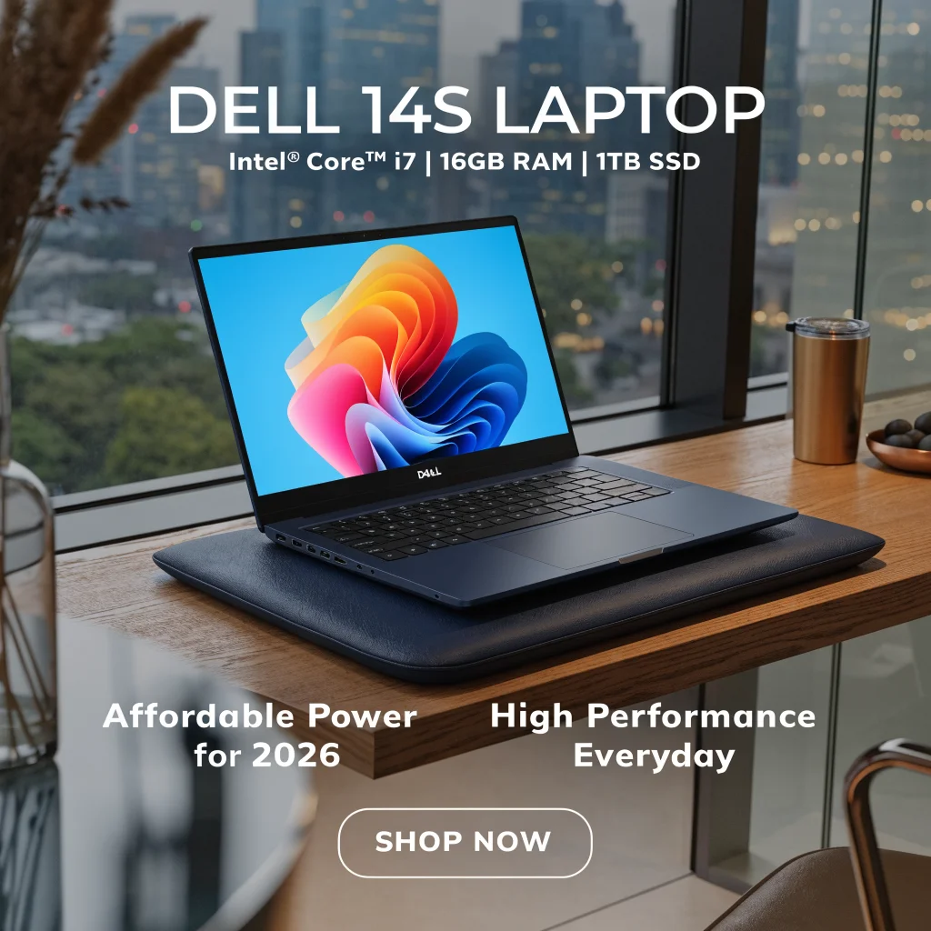 A sleek Dell 14S laptop with Intel Core i7, 16GB RAM, and 1TB storage on a modern desk, showcasing affordability and performance for 2026.