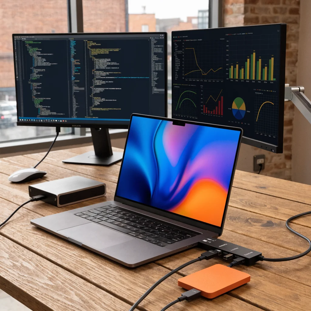A realistic photo of a laptop connected to a USB-C hub showing multiple ports, external monitors, and devices powered from a wall outlet highlighting portability and data transfer.