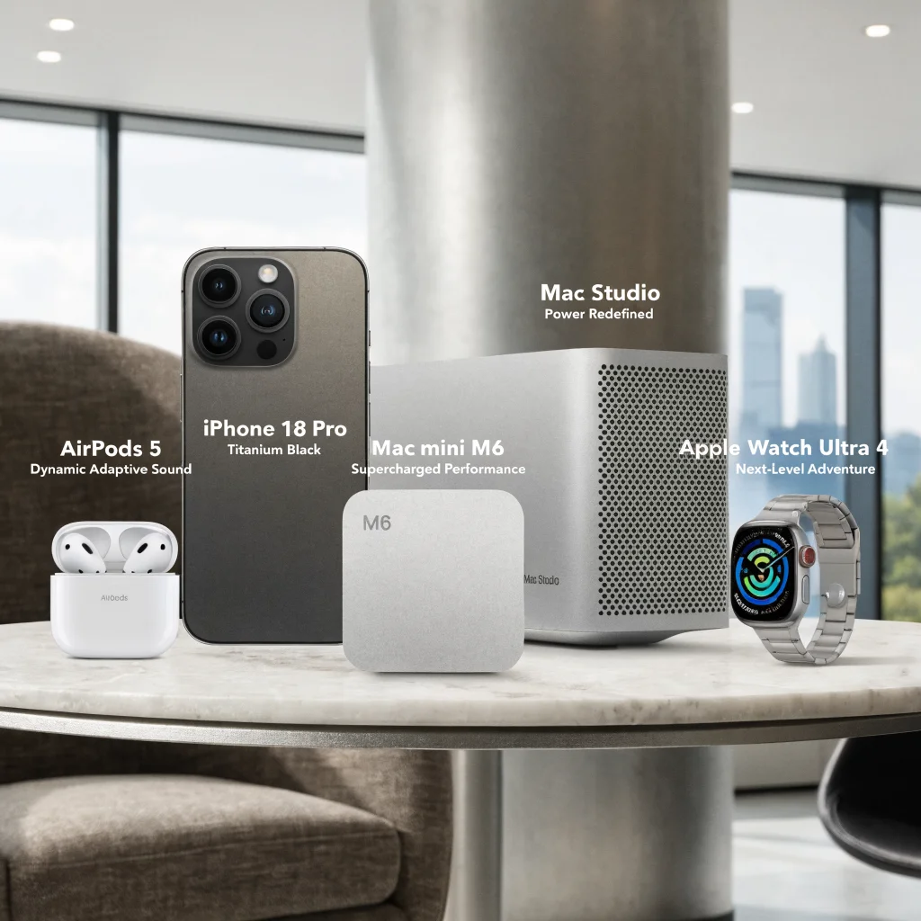 A sleek display of the latest Apple AirPods 5, iPhone 18 Pro, Mac mini M6, Mac Studio, and Apple Watch Ultra 4 on a modern white table.