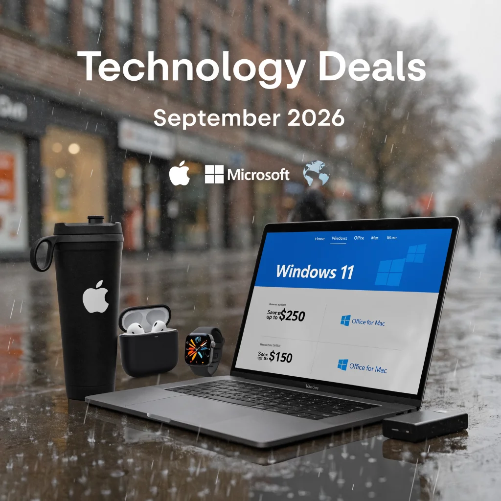 A clear photo of a laptop displaying discounted Microsoft Windows 11 and Office for Mac offers alongside Apple technology deals in a September 2026 promotional flyer.