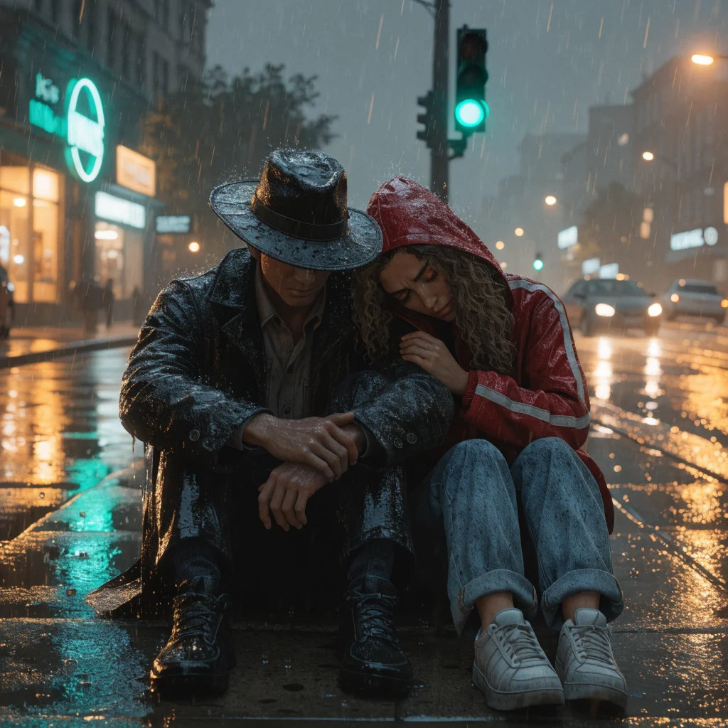 A realistic photo of two characters, Jason and Lucia, from Rockstar's GTA 6, sharing an emotional moment, with subtle references to Arthur Morgan from Red Dead Redemption 2.
