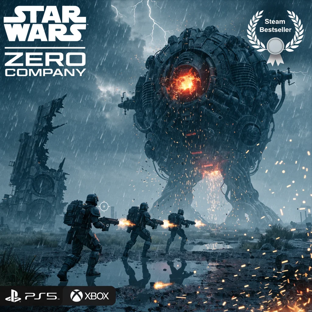 A detailed tactical RPG gameplay screenshot of Star Wars Zero Company featuring the Bit Reactor, showcasing Steam bestseller status and availability on PS5 and Xbox.