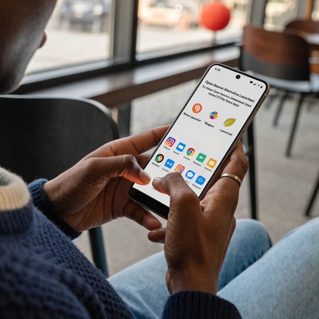A realistic photo of a smartphone screen displaying various open-source Android launchers like Nova Launcher, Niagara, and Lawnchair, highlighting alternatives to Play Store apps.