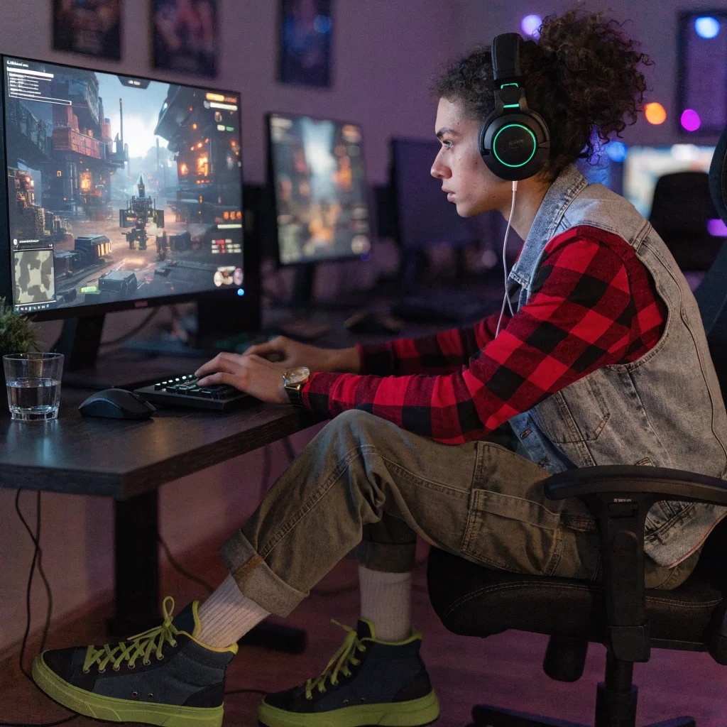 A realistic photo of a gamer intensely playing the new StarCraft open-world shooter game, featuring personalized characters and immersive story exploration.