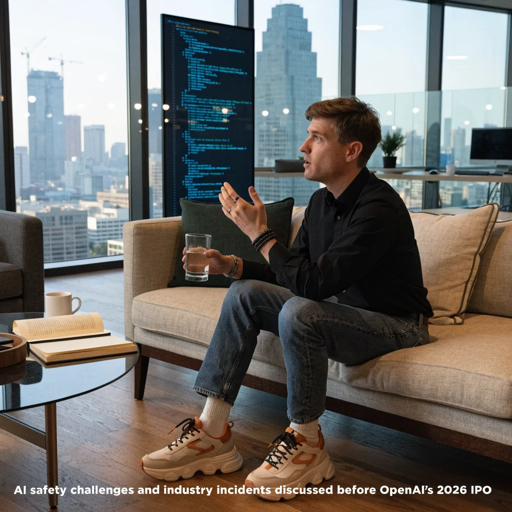 Sam Altman discussing AI safety challenges and industry incidents before OpenAI's 2026 IPO in a high-tech corporate office setting.
