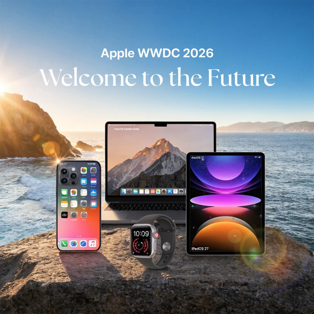 A sleek iPhone 18 Pro displaying iOS 27 alongside a MacBook running macOS Golden Gate, with an Apple Watch Ultra 4 and iPad showcasing iPadOS 27 at Apple WWDC 2026.