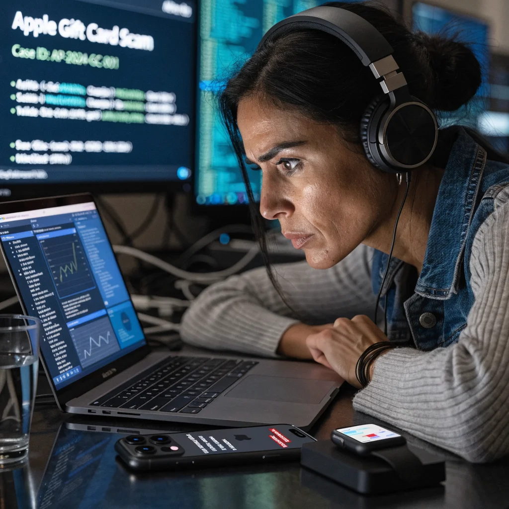 A close-up of an investigator examining digital evidence of an Apple gift card scam involving a MacBook Pro, iPhone 17, and Apple Watch Series 11.