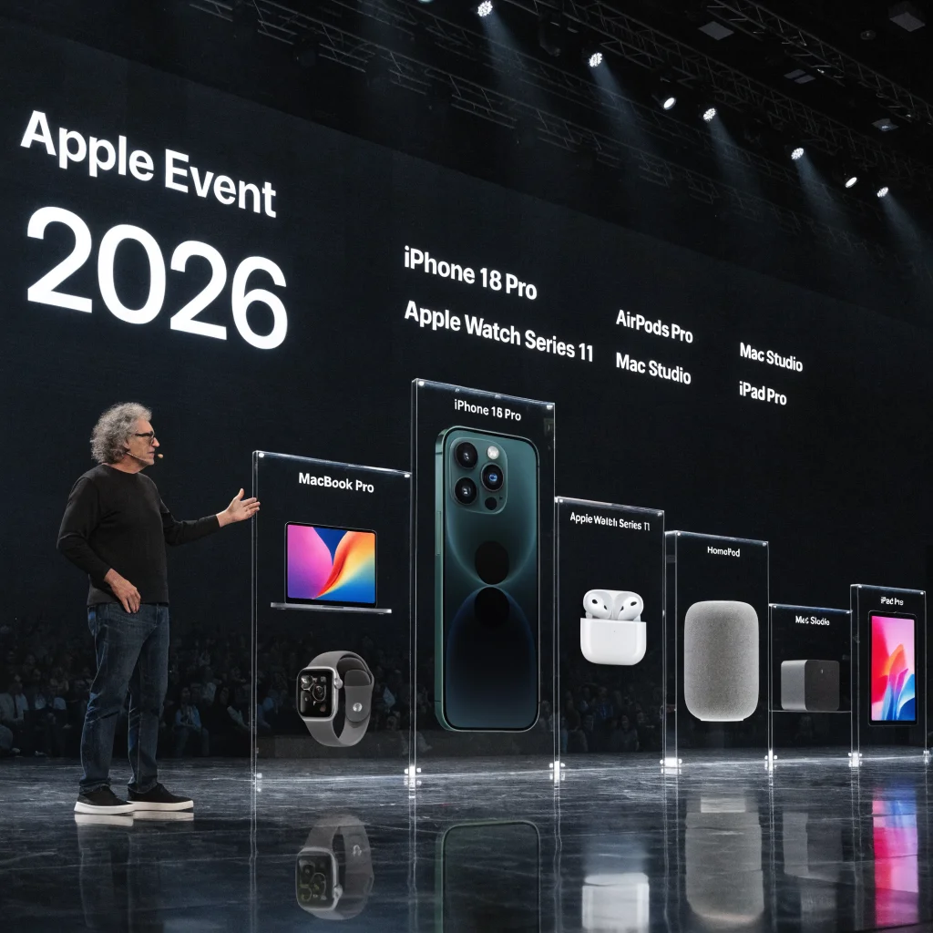 John Ternus presenting the latest iPhone 18 Pro, MacBook Pro, Apple Watch Series 11, AirPods Pro, HomePod, Mac Studio, and iPad Pro at Apple Event 2026 stage.