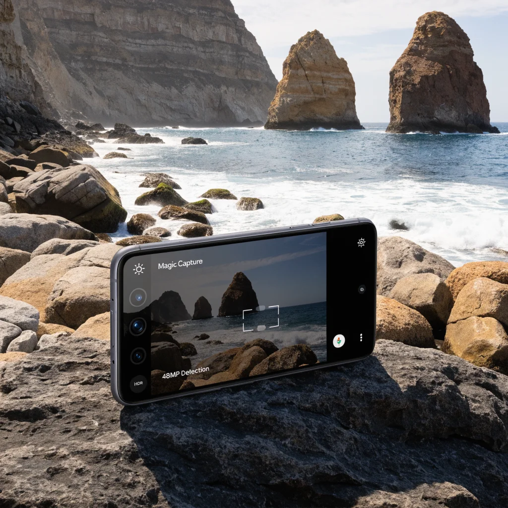 A realistic photo of the Google Pixel 11 showcasing its camera interface with Magic Capture, 48MP telephoto lens, and enhanced light detection features active.