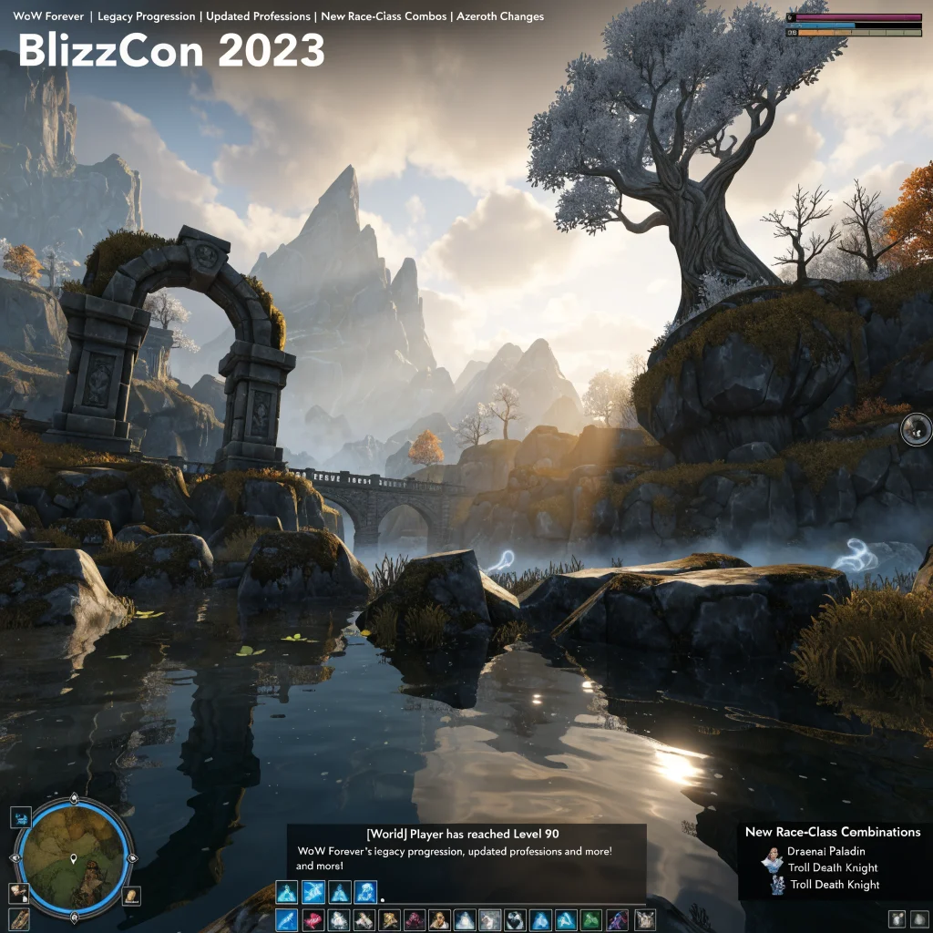A detailed screen capture of World of Warcraft Forever gameplay showcasing new race-class combos, legacy progression, updated professions, and Azeroth environment changes at BlizzCon 2023.