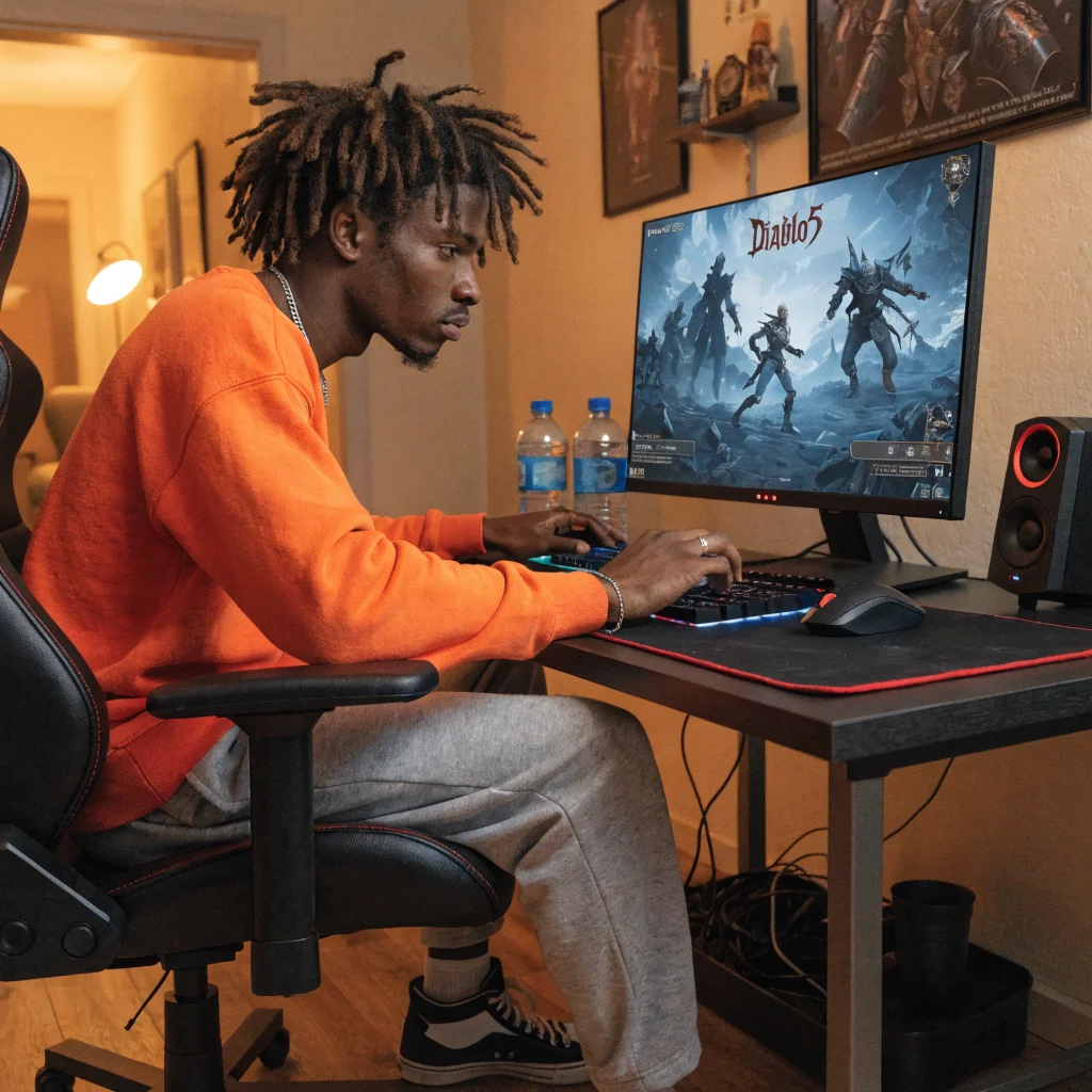 A realistic photo of a gamer playing Diablo 5 on PC, highlighting the new caravan system with characters like Demon Hunter and Plague Knight in an ARPG setting.