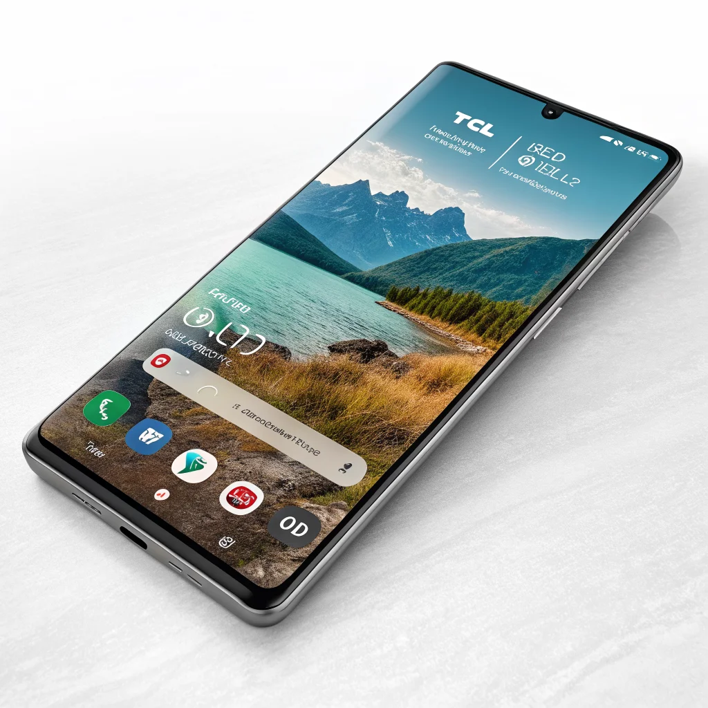 A realistic photo of a TCL P80 Ultra smartphone showcasing its AMOLED and NxtPaper screens with Android interface improvements for eye comfort and battery saving.