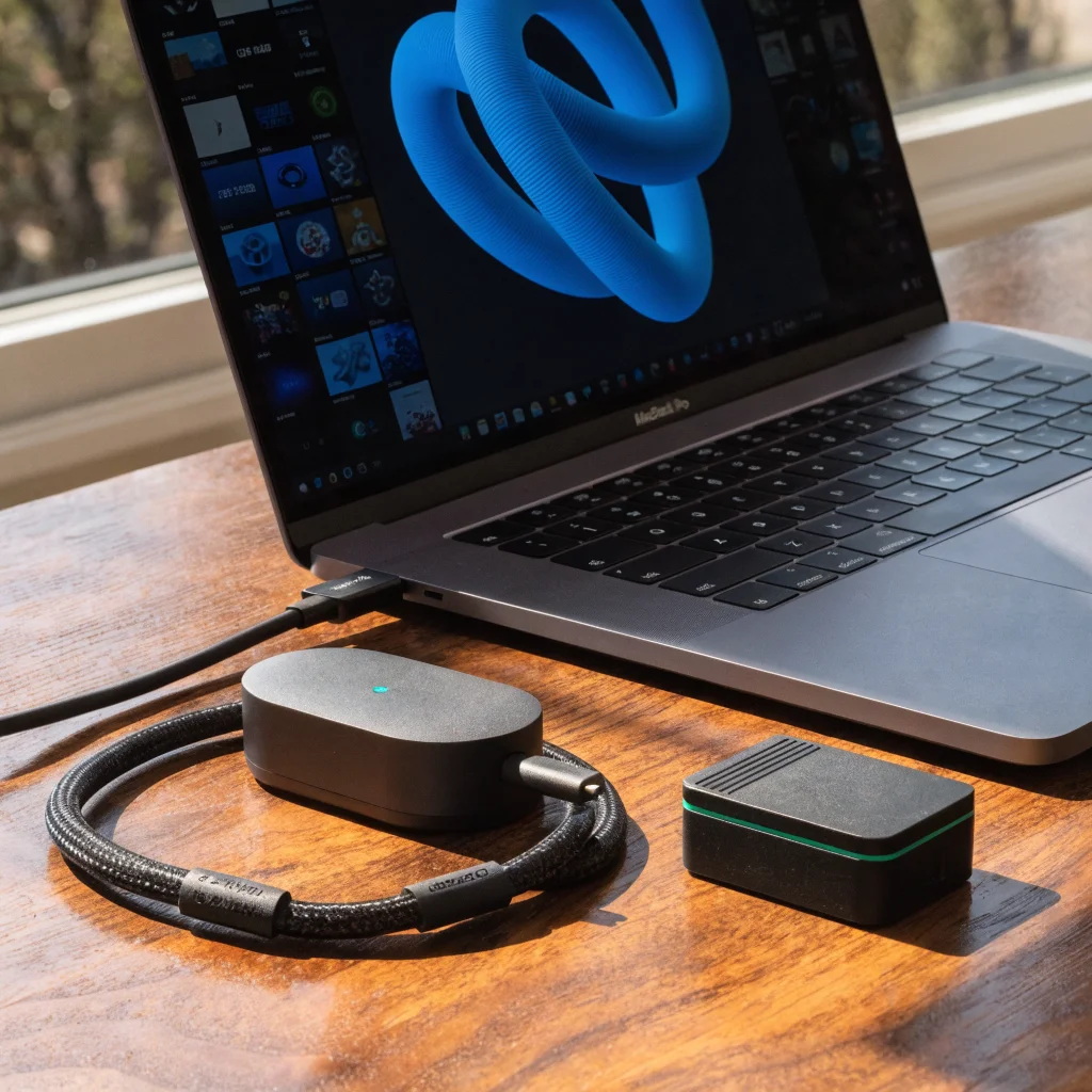 A close-up photo of a MacBook Pro 2021 connected to a MagSafe 3 charger alongside a USB-C 240W charging cable and a $99 power adapter, showcasing charging options.