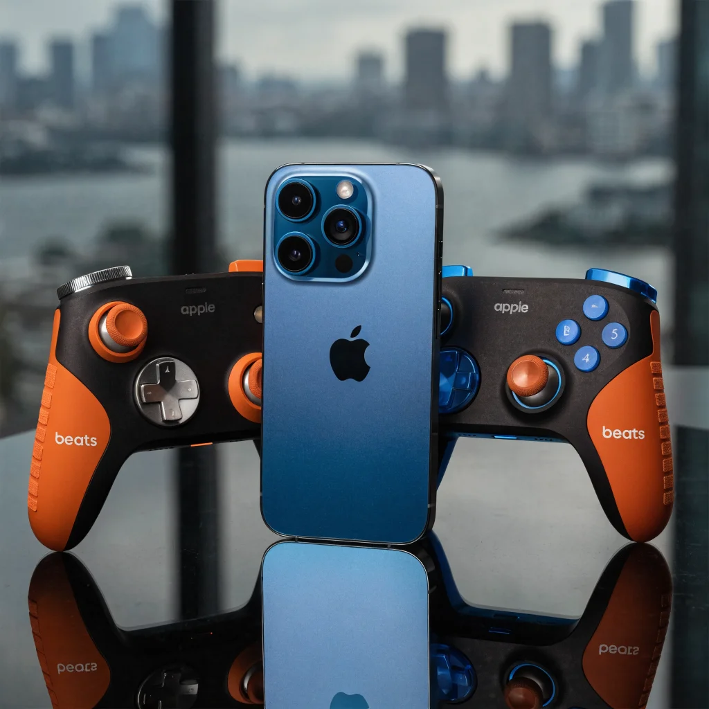A realistic photo of Apple and Beats branded game controllers next to an iPhone 18 Pro in vibrant colors on a sleek modern desk.