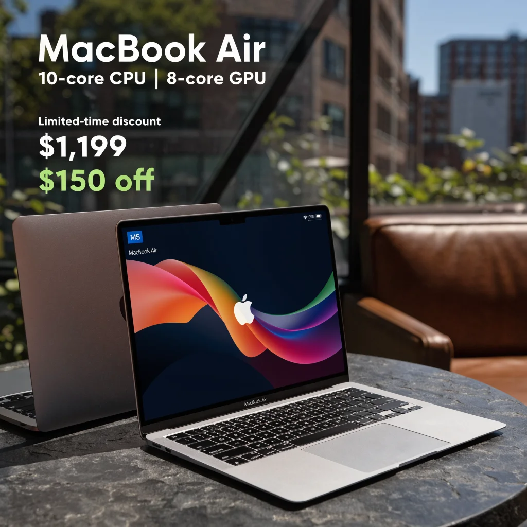 A realistic photo of the silver and Midnight M5 MacBook Air with 10-core CPU and 8-core GPU, displayed with a price tag showing $1,199 and $150 discount offer.