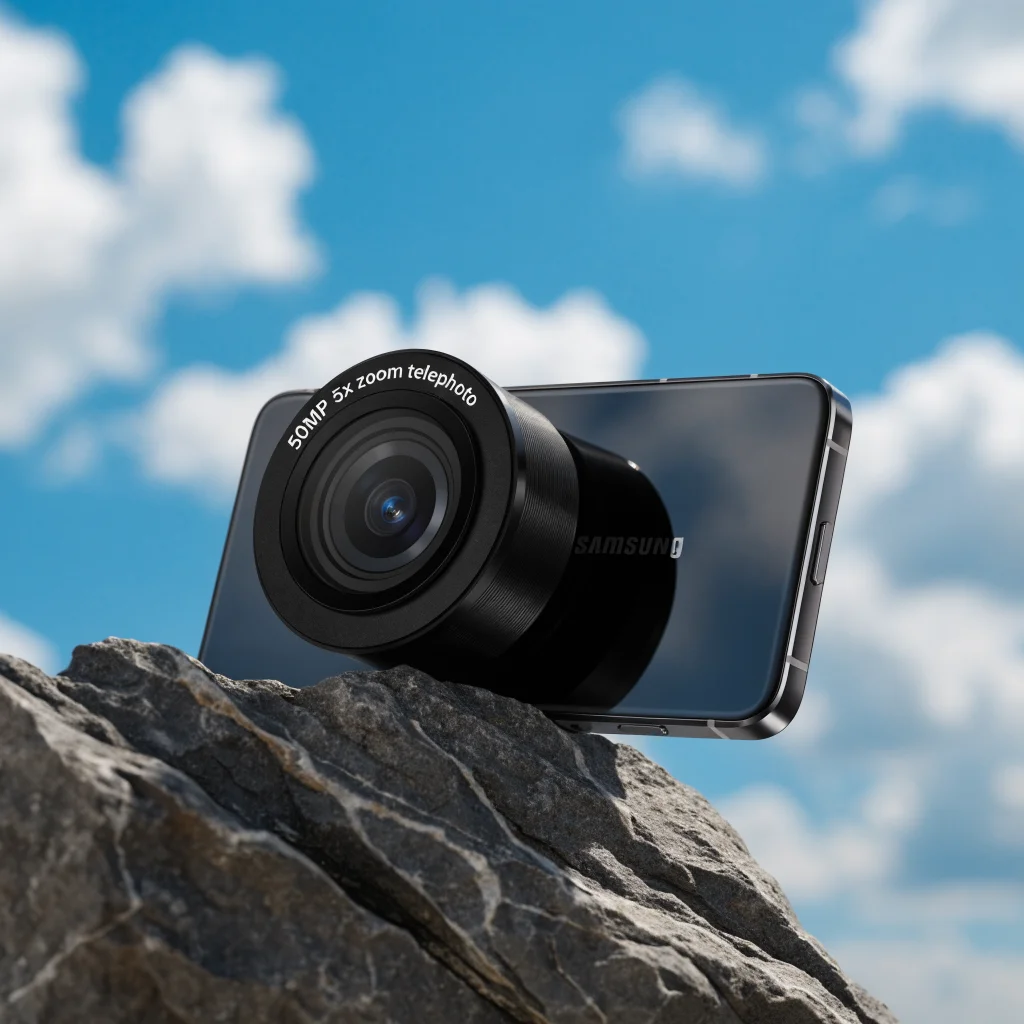 A close-up photo of the Samsung Galaxy S27 Ultra showcasing its enhanced 50MP 5x zoom telephoto camera lens in clear detail.